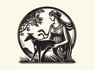 antique woman with greyhound dog. Round vintage emblem. Engraving vector illustration