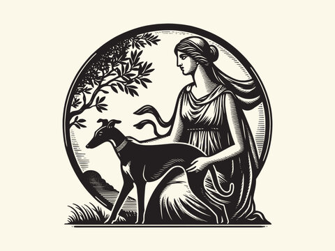 recommend clip art: antique woman with greyhound dog. Round vintage emblem. Engraving vector illustration