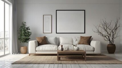 mockup frame in modern interior, white room with contemporary furniture, 3d render