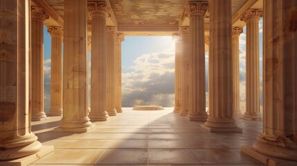 Sunlight shining through clouds behind ancient columns