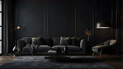 Modern dark home interior background, wall mock up, 3d render