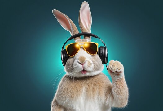 Cool Easter bunny as a dj with sunglasses and headphones - funny illustration