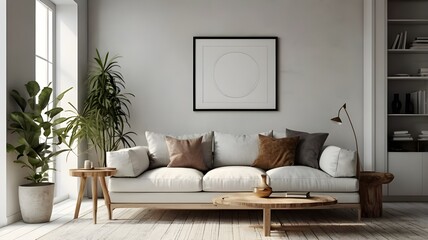 Minimalist modern living room interior background, Scandinavian style, 3D render