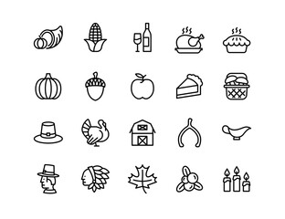 Thanksgiving celebration holiday icon set, adjustable line weight icons, turkey, festivities, pilgrim, autumn, american, corn, symbol, stroke, outline, vector, design, graphic