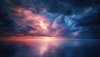 Fototapeta premium Powerful Lightning Strikes Over a Dark, Stormy Sea