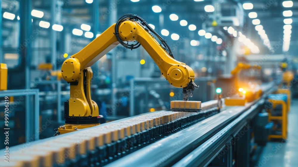 Poster industrial robot arm operating in modern factory setting