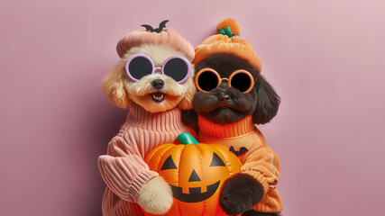 Funny Puppy dog in halloween festival costume on pastel background. Halloween Concept.