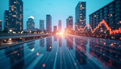 Obraz premium Cityscape at sunset with financial data overlay
