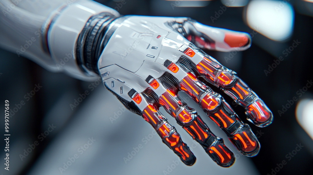 Poster robotic hand with glowing red joints.