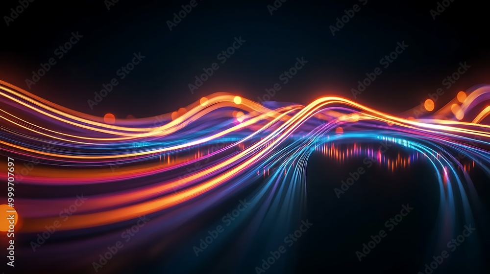Poster optical data concept depicted by abstract glowing lines on a dark background. the high speed, vast c