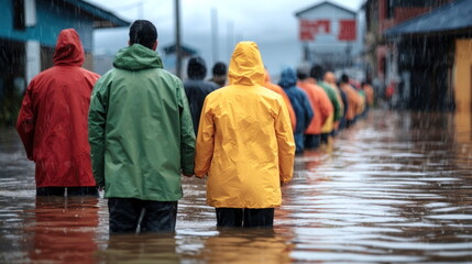 People walking through floodwaters in a city street, people walking through floodwaters during urban flooding, people walking through floodwaters on city streets after heavy rain.