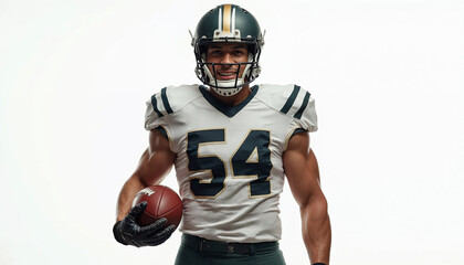 Portrait of a football player in full uniform holding a ball, reflecting confidence and athleticism.






