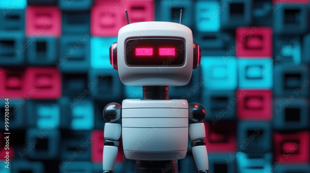 Poster white robot with red eyes in a colorful background.