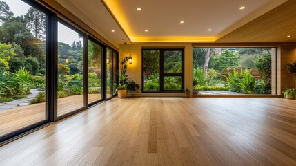 A serene Scandinavian-style home yoga studio with bamboo flooring