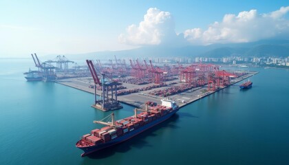  Bustling harbor with vibrant red cranes and blue water