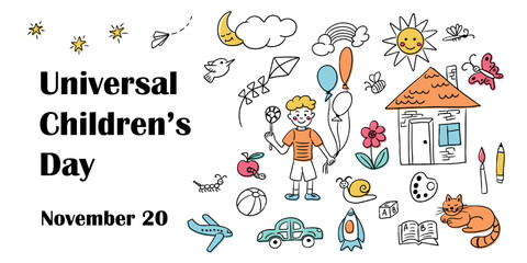 Universal Childrens day banner with doodle childish items. Vector hand drawn illustration in sketch style isolated on white background. Template for background, banner, card, poster with text