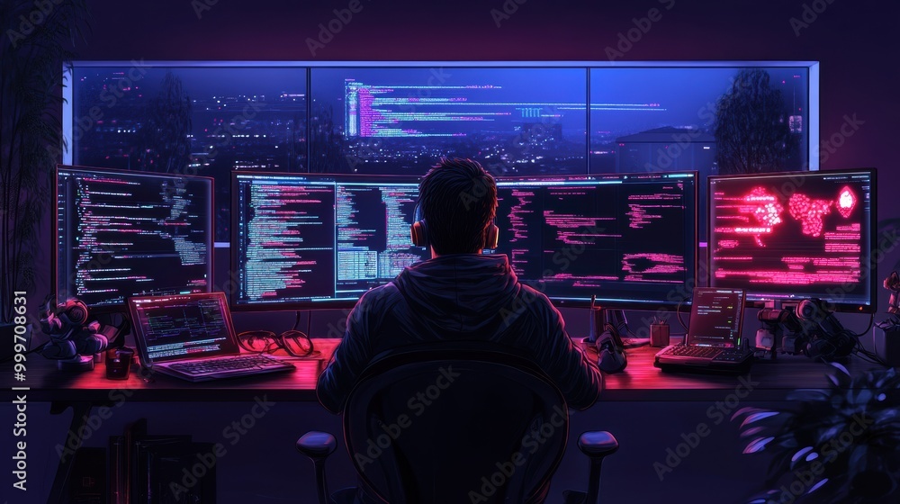 Poster futuristic programmer at multiple monitors in dark room