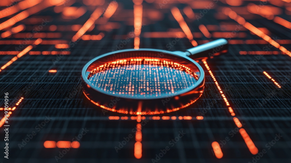Poster magnifying glass on abstract digital grid.