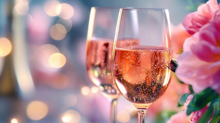 Two Glasses of Pink Champagne with Flowers and Bokeh.