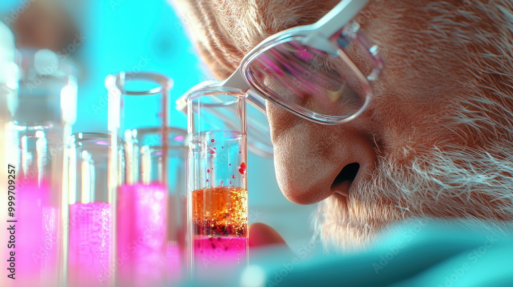 Poster senior scientist examining test tubes in lab.