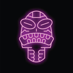 Bright purple neon sign representing a tiki mask on black background, a colorful and luminous illustration for a decoration concept