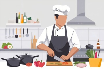 Chef in modern kitchen. Minimalist style. Culinary expertise concept. Perfest for cooking class or restaurants. For advertising, banner, poster.