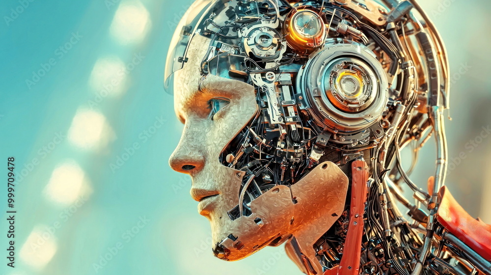 Poster Robot Face with Exposed Gears and Wires.