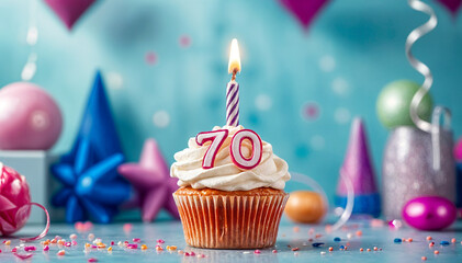 Birthday cupcake with burning lit candle with number 70. Number seventy for seventy years or seventieth anniversary.