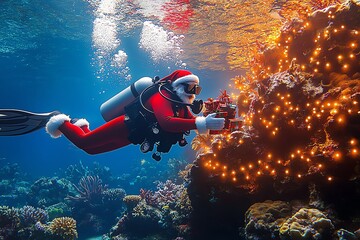 Santa diving underwater with gifts and lights.