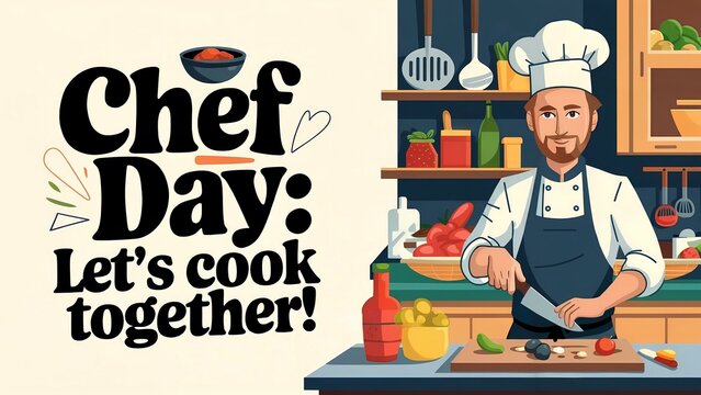 Chef day celebration. Cartoon style. Culinary expertise in kitchen setting. Cooking event banner. Perfect for culinary promotions, posters, flyers with copy space.