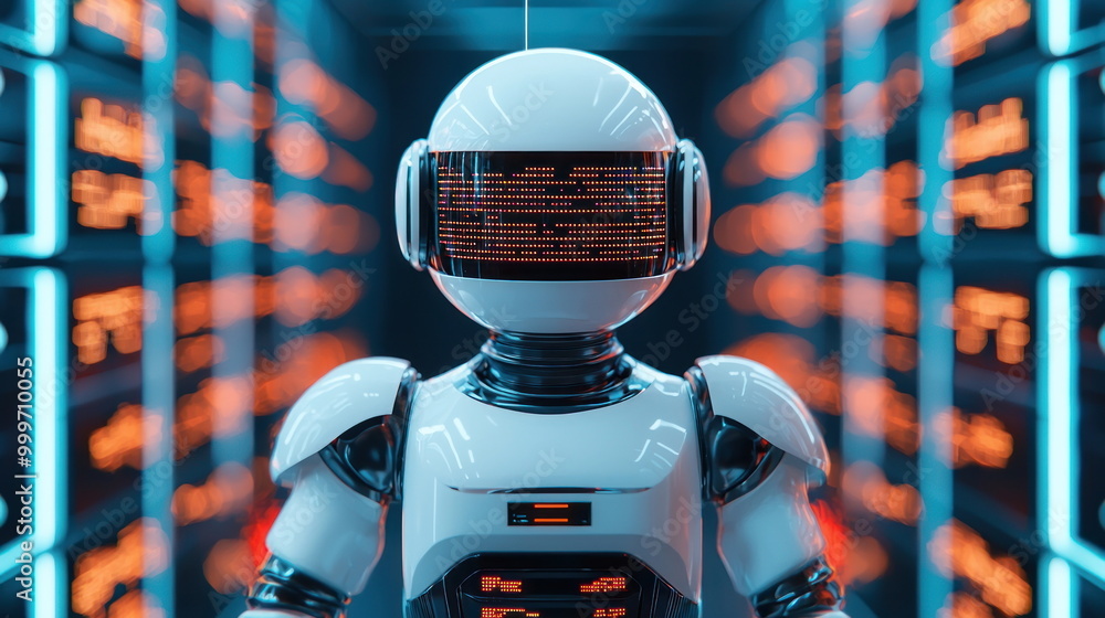 Leinwandbilder Futuristic Robot with Digital Display in Server Room.