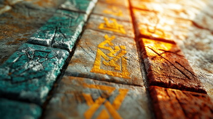 Naklejka premium Ancient Stone Carvings with Runes and Symbols.