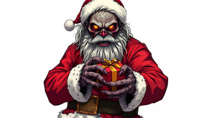 cartoon zombie Santa Claus with a gift in his hands