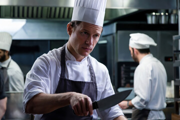 Chef in professional kitchen. Culinary arts in a restaurant setting. Expertise and skill. Hospitality industry application. For menu design, culinary magazines, restaurant banner. Indoor scene.
