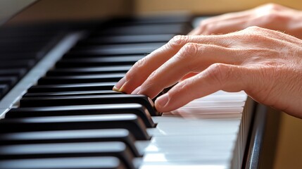 Obraz premium Closeup of a hand playing a piano, focusing on the fingers pressing the keys.