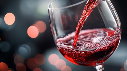 Red Wine Pouring into Glass with Bokeh Background.