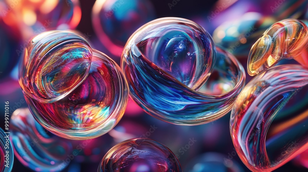 Fototapete a collection of vibrant glass 3d objects floats in abstract formations, creating a futuristic and co
