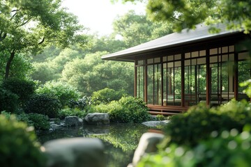 Serene Japanese Tea House Amidst Lush Greenery for Tranquil Moments in Nature's Embrace