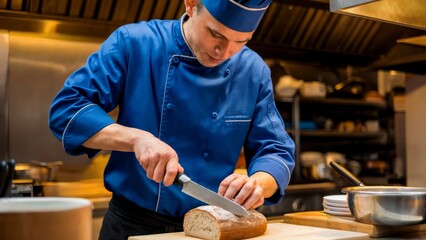 Chef slicing bread in professional kitchen. Culinary skill and precision. Gourmet cooking concept. Suitable for restaurant promotion. Use in design, print, banner, poster.