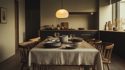A spacious dining room with a Scandinavian table setting