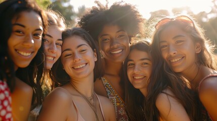 Fototapeta premium A diverse group of young women, all smiling and standing close