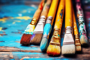 Fototapeta premium A collection of colorful paint brushes is resting on a wooden table