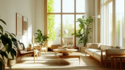Fototapeta premium A spacious living room with a harmonious blend of Scandinavian minimalism and Californian warmth