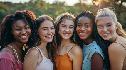 Fototapeta premium A diverse group of young women from different races, all smiling and standing closely