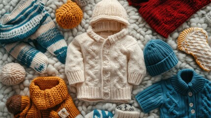 Top view of a collection of baby winter clothes arranged on a soft wool blanket, including hats, mittens, and socks. No people, no logo.