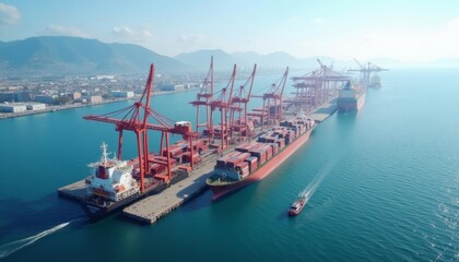 Naklejka premium Vibrant Port Life Aerial View of Container Ship and Dock