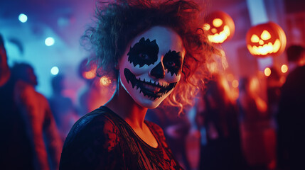 Colorful halloween and Day of the Dead face paint festival celebration, showing intricate makeup, festive costume, and vibrant skull face art in a cultural party setting