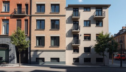 Fototapeta premium Modern Residential Apartment Buildings with Balconies and Trees 