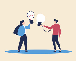 Flat Design Vector Business Communication, Brainstorming and Idea Sharing Concept with Smart Businessman and Colleague, Lightbulb Symbols, Minimalist SVG Style
