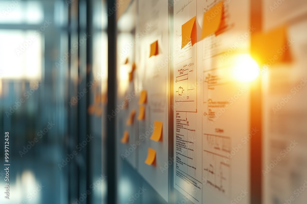 Poster dynamic project execution plan displayed on a whiteboard illuminated by morning sunlight